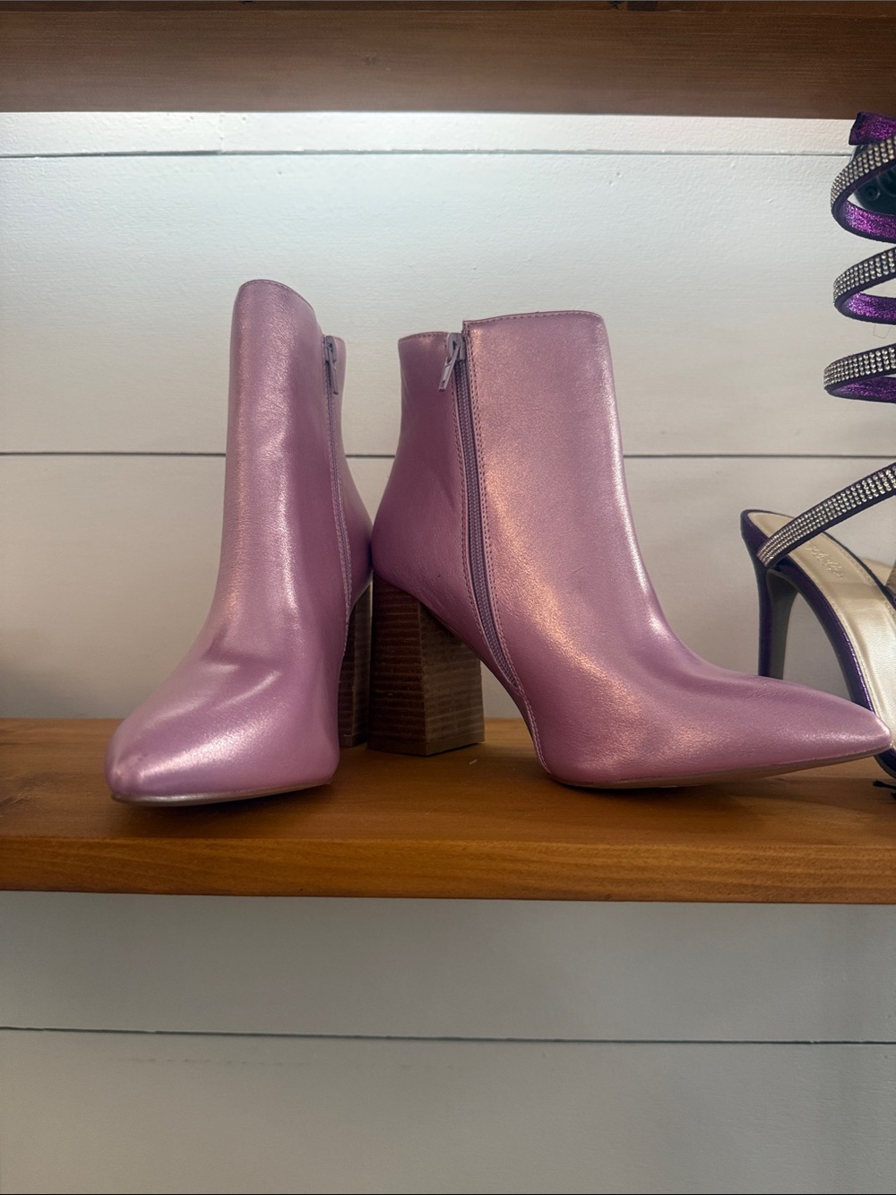 ShuShop Metallic Lilac Pointed Toe Block Heel Ankle Boots